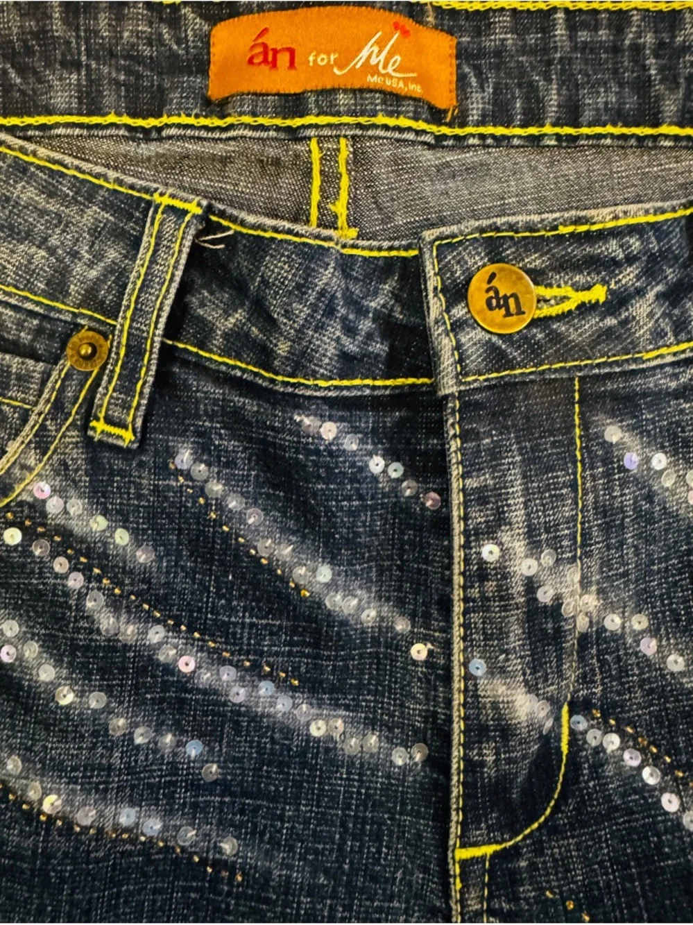 Embellished-Chic-One of a Kind Dark Blue Wide Leg Jeans with Artistic 3D Detail - Picture 7 of 10